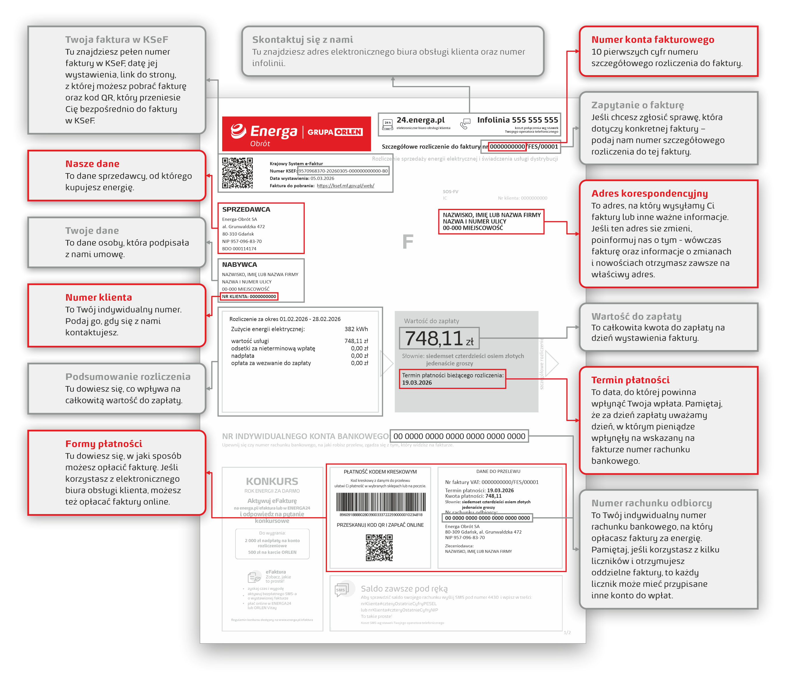 Widok pierwszej strony szczegółowego rozliczenia do faktury za prąd dla firm.
