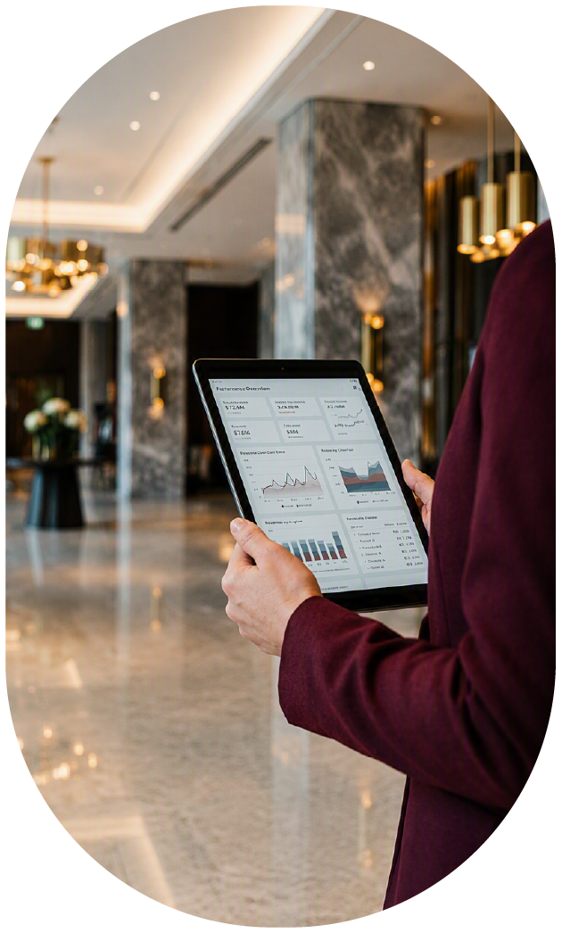 Korzystanie z tabletu w hotelowym lobby. 