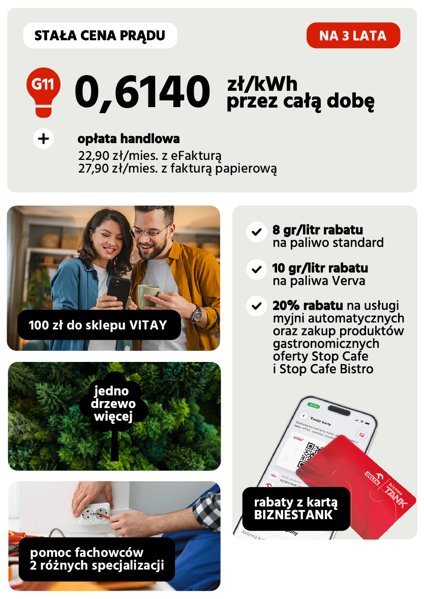 cena prądu: 0,6140 zł za KWh, ceny na 3 lata w grupie G11, miesięczna opłata handlowa 22,90 zł z efakturą lub 27,90 zł z fakturą papierową