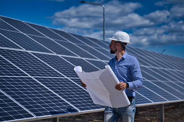 Technik wykonujący pomiary lub przegląd paneli fotowoltaicznych na zewnątrz.