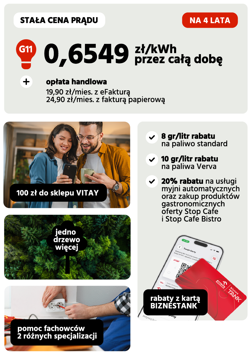 cena prądu po 31 grudnia 2025 roku: 0,6549 zł za kWh,  cena prądu do 31 grudnia 2025 roku: 0,6212 zł za KWh, ceny na 4 lata w grupie G11, miesięczna opłata handlowa 19,90 zł z efakturą lub 24,90 zł z fakturą papierową