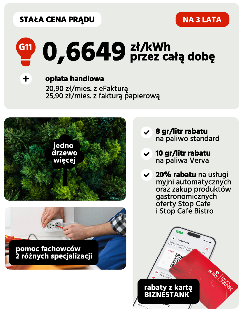 cena prądu po 31 grudnia 2025 roku: 0,6649 zł za kWh,  cena prądu do 31 grudnia 2025 roku: 0,6212 zł za KWh, ceny na 3 lata w grupie G11, miesięczna opłata handlowa 20,90 zł z efakturą lub 25,90 zł z fakturą papierową