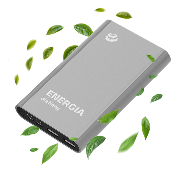 Szary powerbank z napisem "Energia dla firm" otoczony zielonymi liśćmi. 