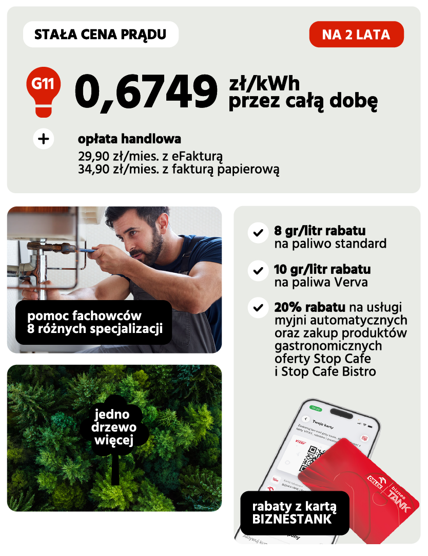 cena prądu po 31 grudnia 2025 roku: 0,6549 zł za kWh,  cena prądu do 31 grudnia 2025 roku: 0,6212 zł za KWh, ceny na 4 lata w grupie G11, miesięczna opłata handlowa 19,90 zł z efakturą lub 24,90 zł z fakturą papierową