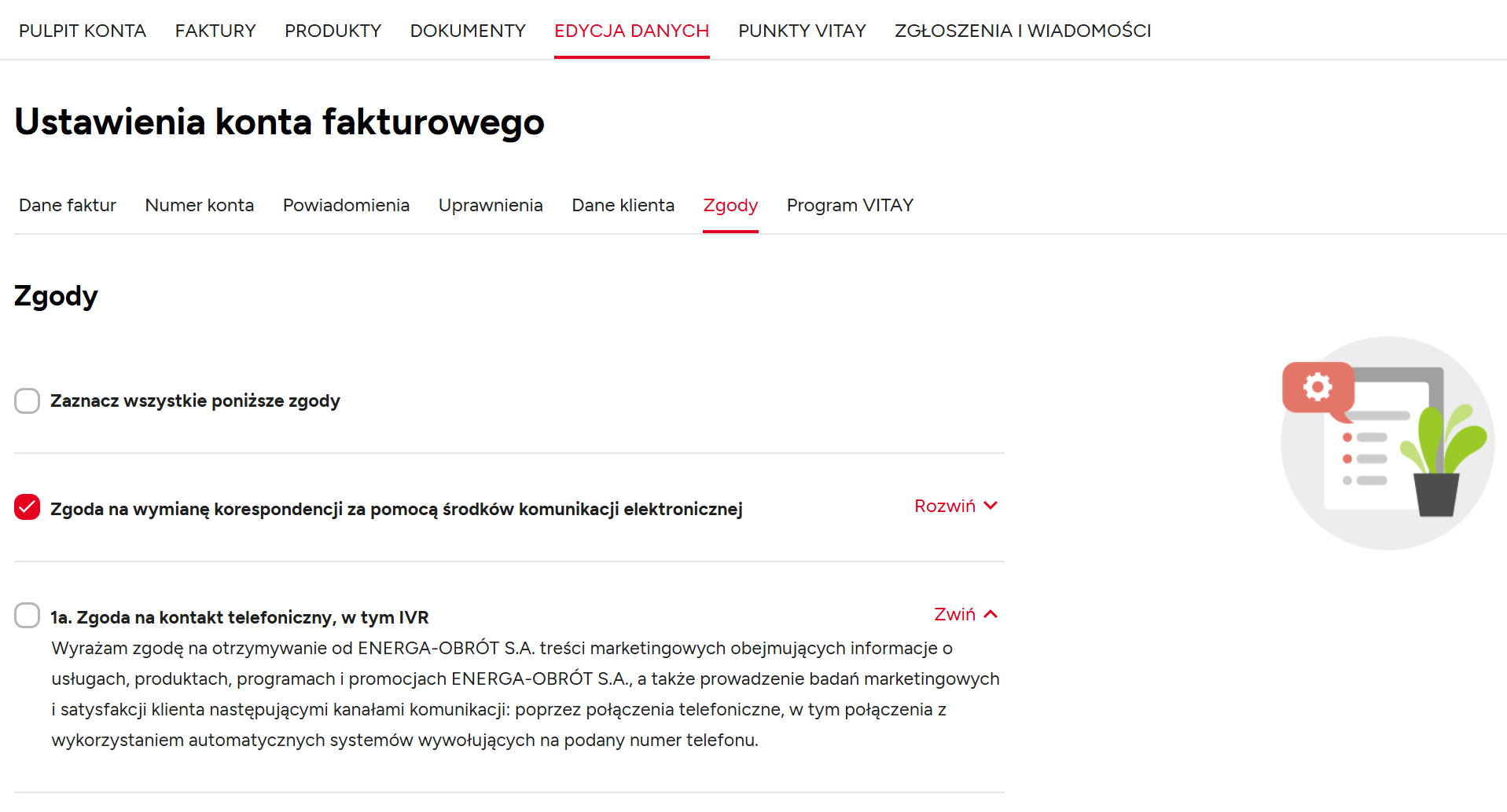 Zarządzanie zgodami marketingowymi w ustawieniach konta w serwisie ENERGA24