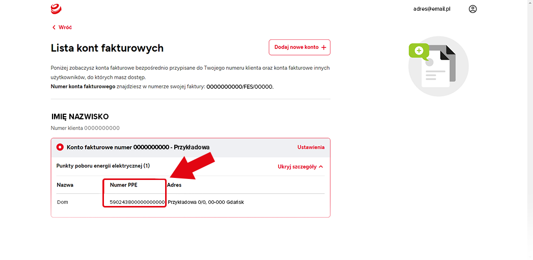 Widok listy kont fakturowych z wyróżnionym numerem PPE
