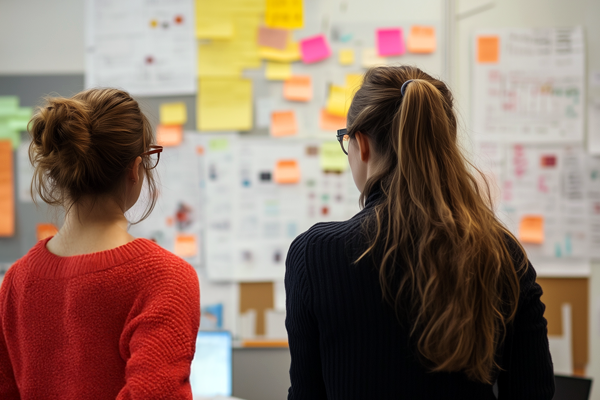 Dwie dziewczyny patrzące na tablicę z pomysłami spisanymi na karteczkach post-it.