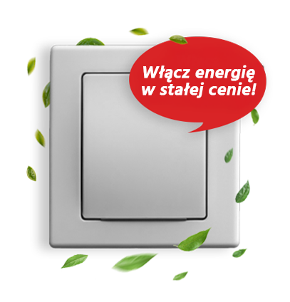  Biały włącznik światła umieszczony na środku obrazu, otoczony przez swobodnie rozmieszczone zielone liście, sprawiające wrażenie, jakby unosiły się wokół niego. W prawym górnym rogu obrazu znajduje się czerwona dymka dialogowa z białym napisem: "Włącz zieloną energię w swoim domu"