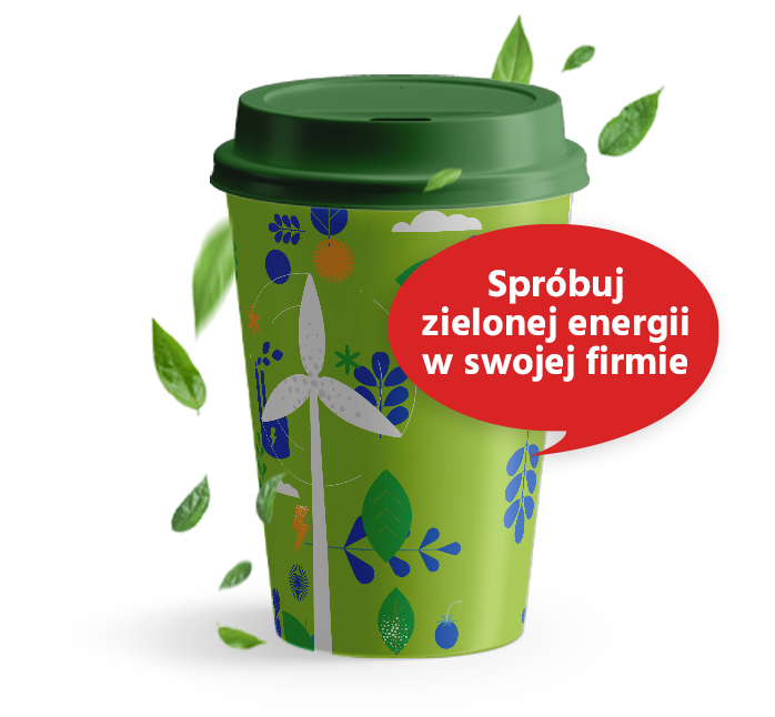 Duży, zielony kubek z ciemnozieloną przykrywką, ozdobiony rysunkami przedstawiającymi motywy związane z odnawialną energią, takie jak turbiny wiatrowe, słońce i liście. Wokół kubka unosi się kilka pojedynczych zielonych liści. Do kubka przylega czerwona, owalna dymka z białym napisem "Spróbuj zielonej energii w swojej firmie".