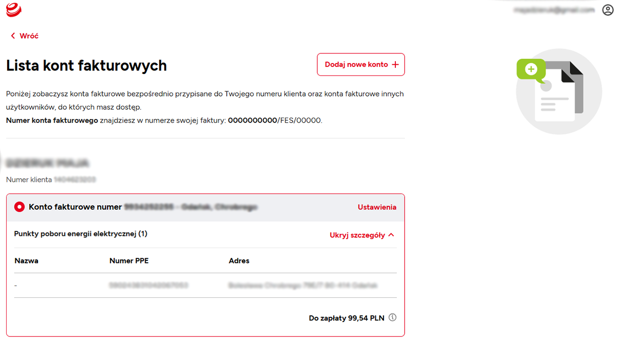 Screen ilustrujący listę kont fakturowych w ENERGA24