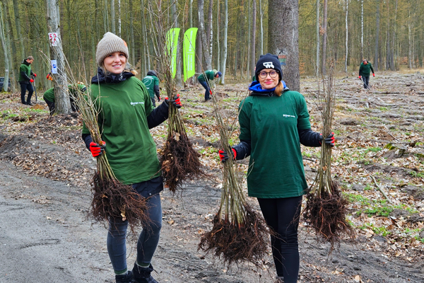 Dwie kobiety niosące sadzonki drzew, w tle las i inni ludzie sadzący drzewa.