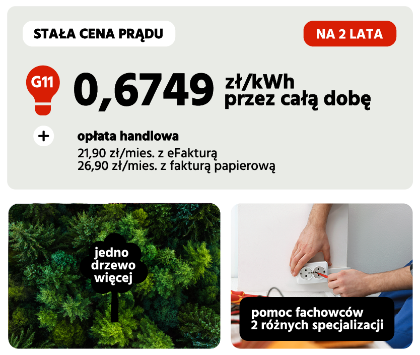 cena prądu po 31 grudnia 2025 roku: 0,6749 zł za kWh,  cena prądu do 31 grudnia 2025 roku: 0,6212 zł za KWh, ceny na 2 lata w grupie G11, miesięczna opłata handlowa 21,90 zł z efakturą lub 26,90 zł z fakturą papierową