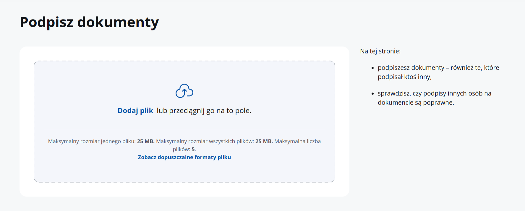 widok strony gov.pl z informacjami o  podpisywaniu dokumentów elektronicznie. etap dodawania dokumentu