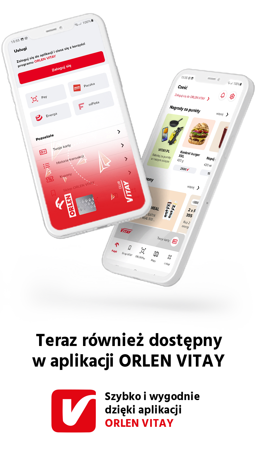 Ilustracja przedstawia  dwa smartfony i widok aplikacji VITAY na ekranie telefonów