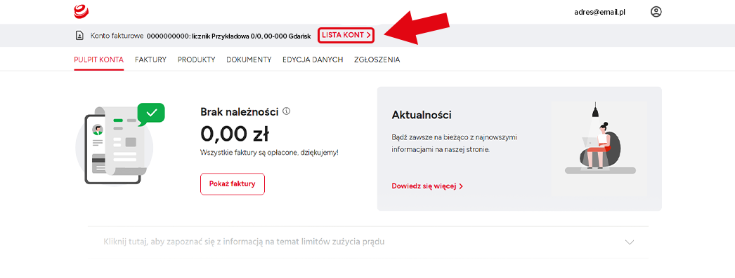 Widok pulpitu konta klienta w ENERGA24 z wyróżnionym przyciskiem Lista kont