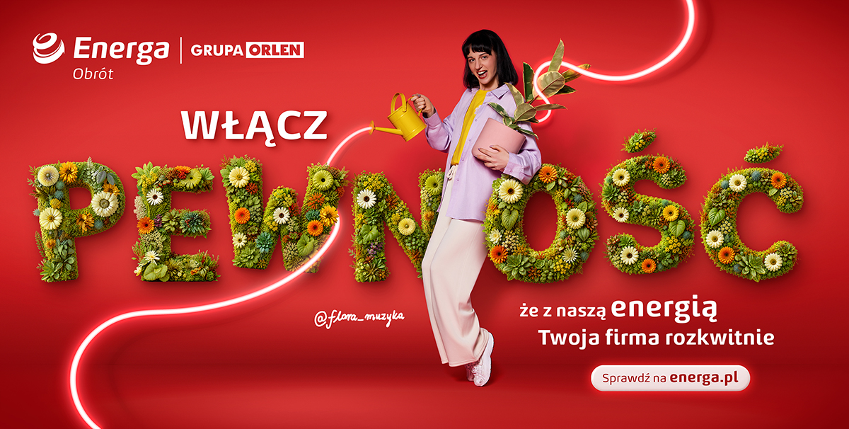 Banner reklamowy z właścicielką kwiaciarni Flora Muzyka i napisem WŁĄCZ PEWNOŚĆ