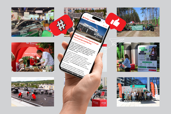 Kolaż przedstawiający działania edukacyjne i społeczne. W centrum znajduje się dłoń trzymająca smartfon.