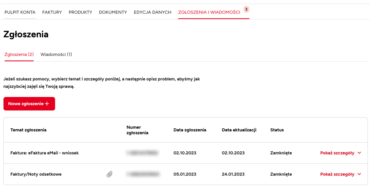 Zakładka "Zgłoszenia i wiadomości" w serwisie ENERGA24.