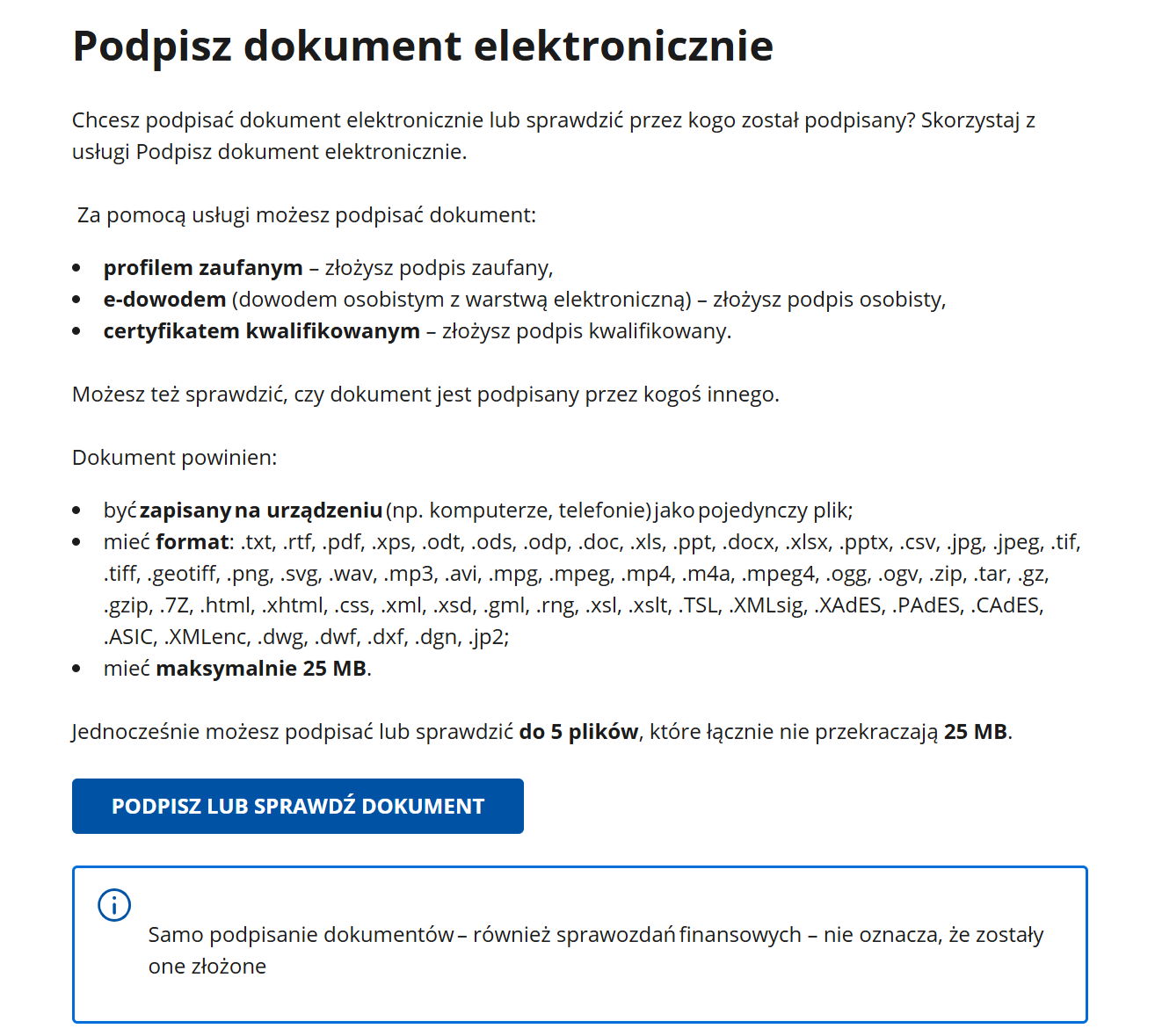 widok strony gov.pl z informacjami o podpisywaniu dokumentów elektronicznie 