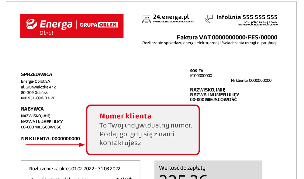 Grafika przedstawiająca fakturę - numer klienta znajduje się po lewej stronie faktury, pod sekcjami Sprzedawca oraz Nabywca