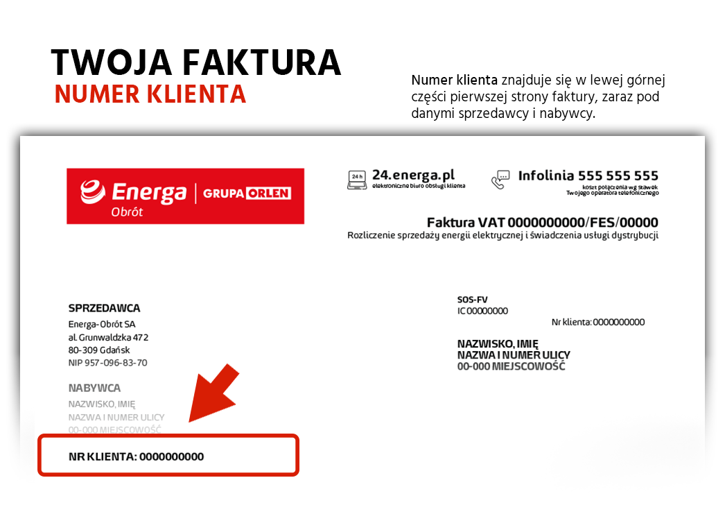 Numer klienta znajduje się na pierwszej stronie faktury za prąd, w jej górnej części po lewej stronie, bezpośrednio pod danymi sprzedawcy i nabywcy.