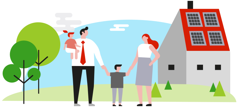 rodzina stojąca przed domem mającym zamontowaną fotowoltaikę