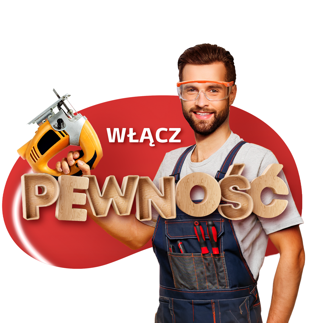  Biały włącznik światła umieszczony na środku obrazu, otoczony przez swobodnie rozmieszczone zielone liście, sprawiające wrażenie, jakby unosiły się wokół niego. W prawym górnym rogu obrazu znajduje się czerwona dymka dialogowa z białym napisem: "Włącz zieloną energię w swoim domu"