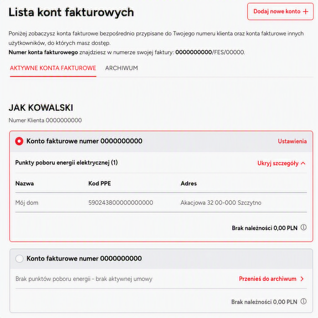 Lista kont fakturowych z saldem w ENERGA24
