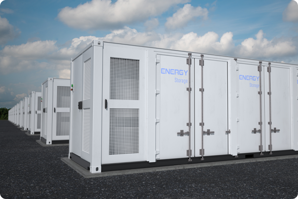 Ilustracja dużego kontenerowego magazynu energii w białej obudowie.
